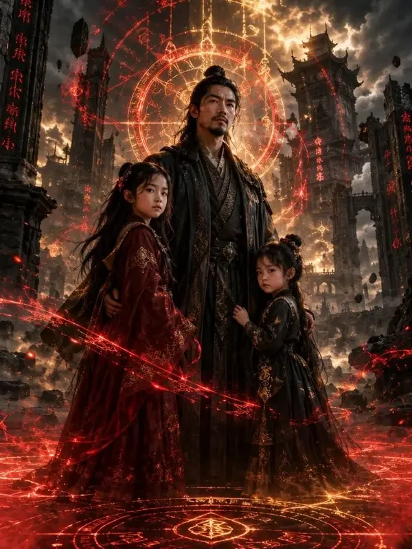 《和离后我带女儿横扫魔域》海报，父亲与两个女儿立于玄幻城域法阵中